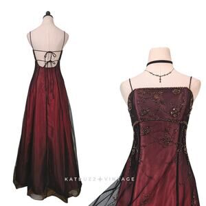 Vintage Nites Prom Dress Maxi Gown 4 Red Black Fairy Goth 90s Y2K Babydoll Bead